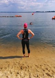 Joy mentally mapping the swim course at Ironman Maryland 2014.